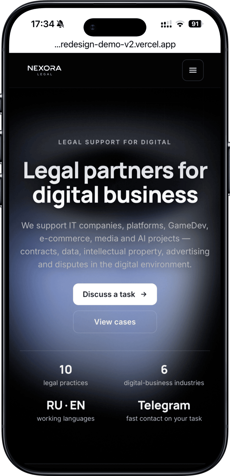 Nexora Legal: mobile layout dark v2