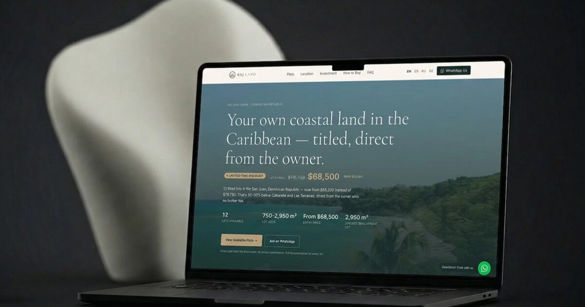 Rio San Juan Land — catalog site on a MacBook