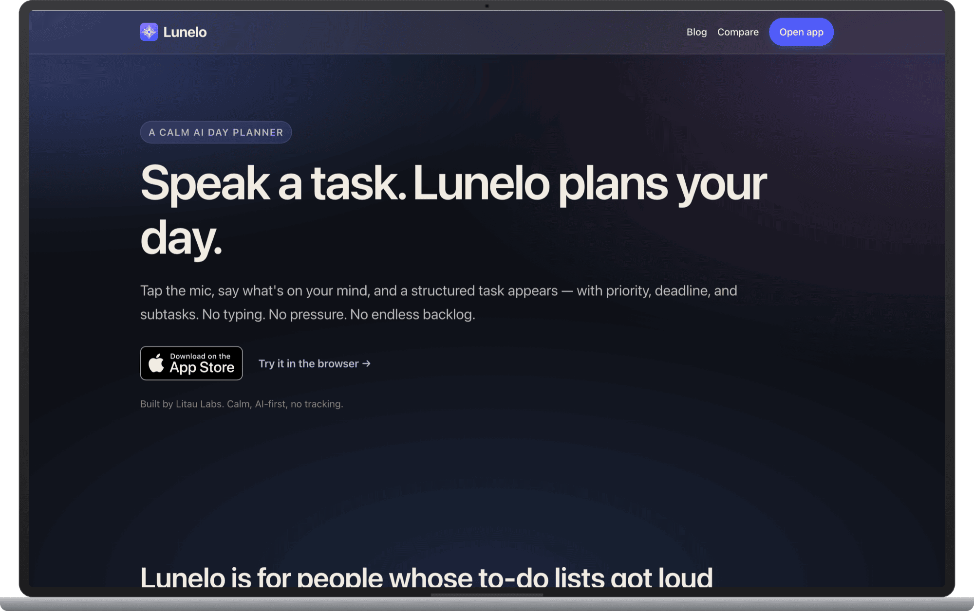 Lunelo — лендинг lunelo.app на десктопе